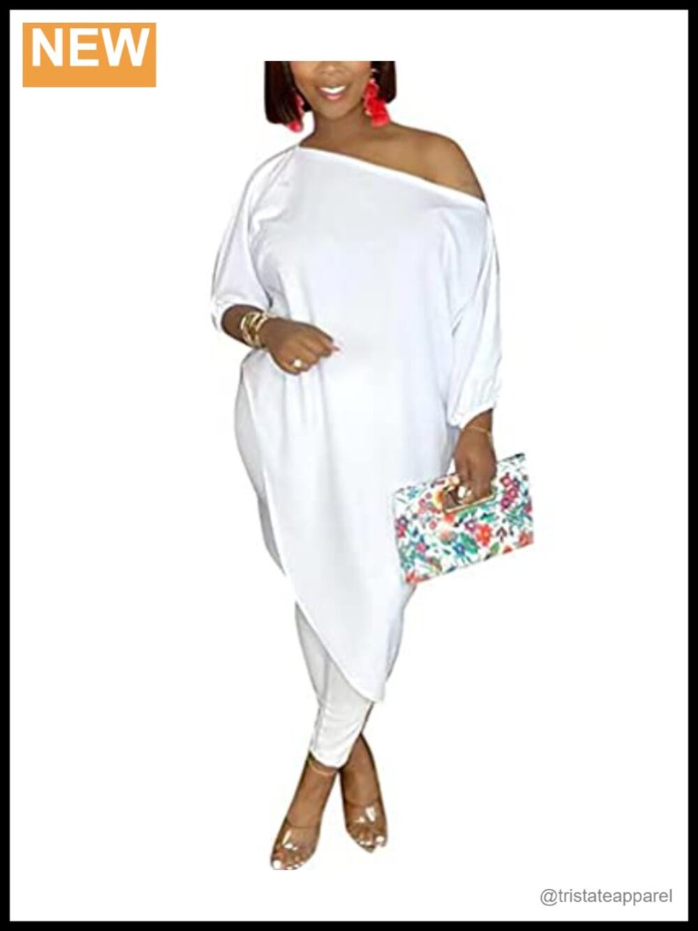 Women's 3/4 Sleeve Off Shoulder Asymmetric Top & Skinny Pants Tracksuit Set
